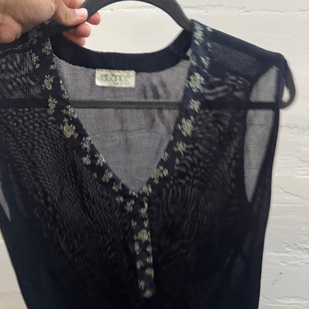 Istante Versace Sleeveless Top Navy Sheer Mesh Floral Trim Vintage 90s Italy - Picture 2 of 11